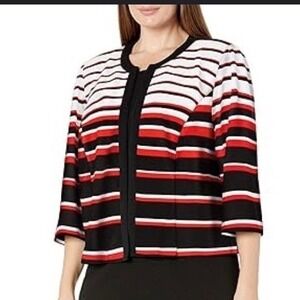 Sandra Darren Womens 18W Striped Open Front Jacket Black Red White 3/4 Sleeve
